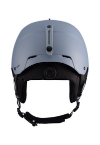 Helm met een matte lichtblauwe buitenkant, zwarte gevoerde binnenkant en riem, ventilatieopeningen aan de bovenkant en een in het midden gemonteerde camera.