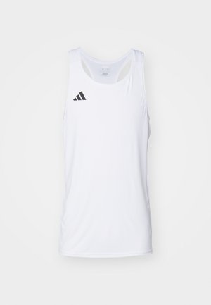 White sleeveless athletic tank top made of lightweight fabric, featuring black Adidas logo on the left chest and a scoop neckline.