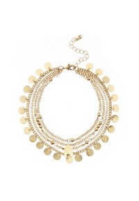 Gold multi-layered necklace featuring chains, round pendants, and a star charm. Smooth texture with shiny finish and adjustable clasp.