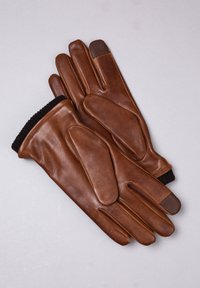 Brown leather gloves with a smooth texture, featuring a black knitted cuff, reinforced palm area, and contrasting fingertips.