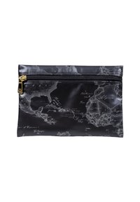 Pochette nera con zip che mostra una mappa stampata in stile vintage che rappresenta parti del Nord America, dei Caraibi e dell'Africa occidentale.