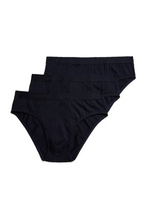Three pairs of women's briefs in solid dark navy. Made of soft fabric with a smooth texture, featuring a matching elastic waistband.