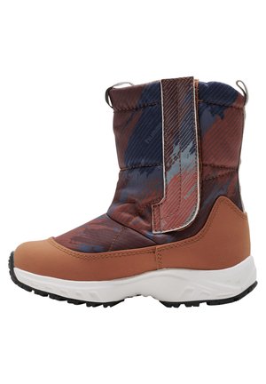 Wasserfeste Stiefel mit einem bunten, gemusterten synthetischen Obermaterial, braunem Gummispitze und weißer gepolsterter Sohle für Komfort. Verstellbare Riemendetails.