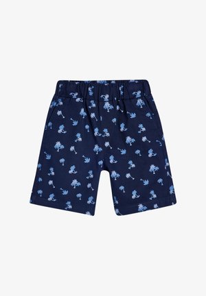 Pantaloni corti navy realizzati in tessuto leggero, con un motivo ripetitivo di palme azzurre e ancore, dotati di una vita elastica e tasche.