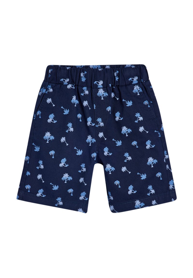 Marine shorts lavet af letvægtsstof, med et gentaget mønster af lyseblå palmer og ankre, med elastisk talje og lommer.