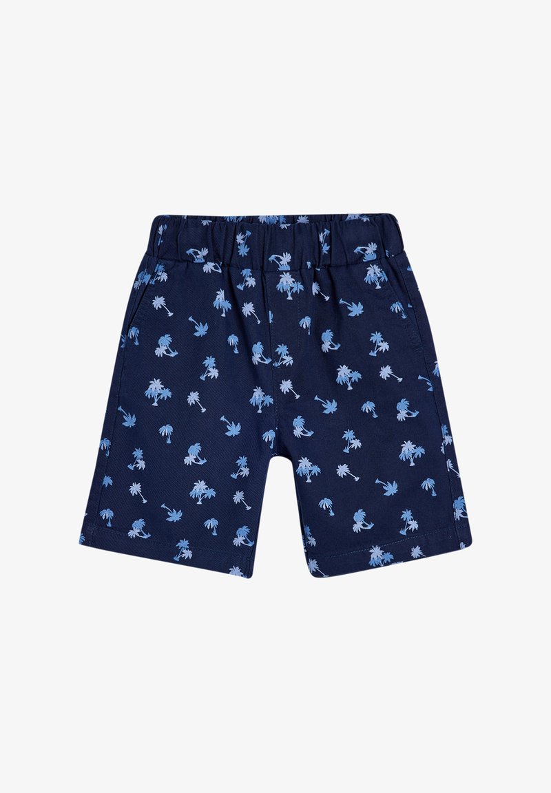 Marine shorts van lichtgewicht stof, met een herhalend patroon van lichtblauwe palmbomen en ankers, voorzien van een elastische tailleband en zakken.