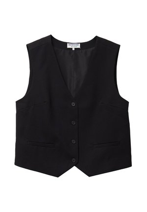 Chaleco negro sin mangas con diseño de escote en V, seis botones frontales y dos bolsillos laterales, hecho de una tela de textura suave.