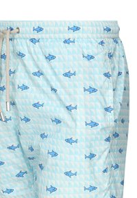Costumi da bagno azzurri chiari con piccoli motivi di squali blu. Presentano un cintura con cordino e una texture liscia e resistente all'acqua.