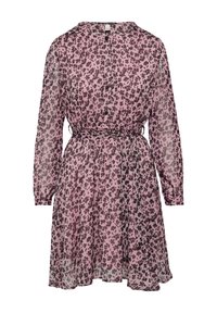 Durchsichtiges pinkes Kleid mit schwarzem Blumenmuster, langen Ärmeln, Knopfleiste, tailliertem Schnitt und ausgestelltem Rock.