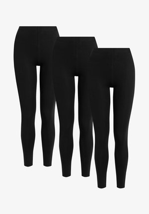Black leggings set featuring three pairs, made from a stretchy material. Smooth texture, high waist design, with a fitted silhouette.