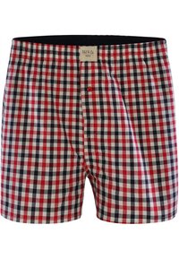 Červené, bílé a modré kostičkované boxerky s elastickým pasem, jedním knoflíkem na zapínání a měkkým bavlněným materiálem.