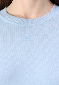 Lyseblå strikkegenser med ribbekant i halsen, med subtilt tonalt broderi av et logo på brystet, glatt tekstur gjennom hele genseren.