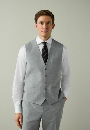 Man wearing light gray suit vest and pants, white dress shirt, and dark patterned tie, standing against plain light gray background.