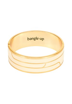 Bague en or avec des motifs de lignes courbées, surface lisse et nom de marque gravé "bangle·up" à l'intérieur. Matériau en métal.
