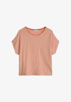 Short-sleeve, orange and white horizontal striped t-shirt with round neckline and relaxed fit.