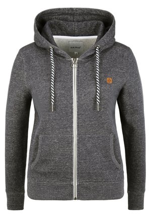 Grijze zip-up hoodie gemaakt van zachte, gestructureerde stof. Beschikt over een trekkoordcapuchon, voorzakken en logo-label. Geschikt voor casual kleding.
