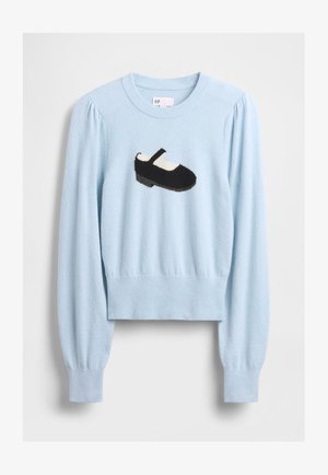 Hele sinine kootud kampsun soonikutega varrukaservadega, millel on ees musta jalanõu ja valge rihmaga applikatsioon.