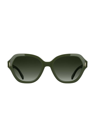 Lunettes de soleil en plastique vert à monture œil de chat, avec des verres dégradés foncés et des accents discrets en métal doré sur les branches.