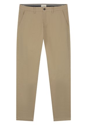 Beige chino's gemaakt van zachte katoen, met een recht model, een enkele knoopsluiting en twee zijzakken. Subtiele stikseldetails.