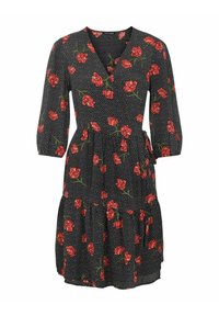 Robe noire avec un motif floral rouge et des pois blancs. Elle présente un col en V, des manches trois-quarts, et une jupe plissée.
