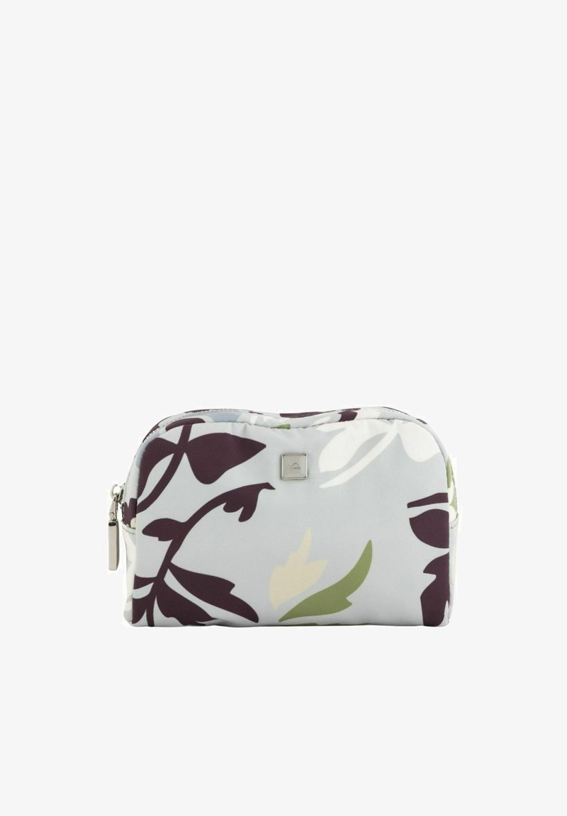 Lille lynlåspung med abstrakt blomsterprint i lilla, grøn og beige på en lys grå baggrund.