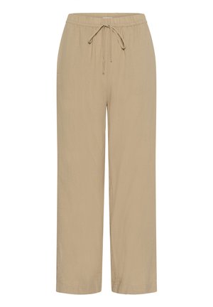 Pantalon beige à jambes larges en tissu léger, doté d'une taille élastique avec un cordon de serrage et d'une texture lisse.