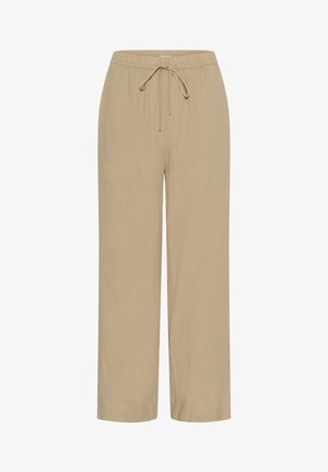 Pantalon beige à jambes larges en tissu léger, doté d'une taille élastique avec un cordon de serrage et d'une texture lisse.