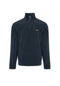 Pullover in fleece blu navy con colletto alto e zip a metà. Presenta un piccolo logo giallo sul petto. Morbido al tatto e con maniche lunghe.