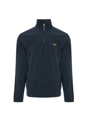 Navy fleece pullover met een hoge kraag en een halve rits. Heeft een klein geel logo op de borst. Zachte textuur en lange mouwen.