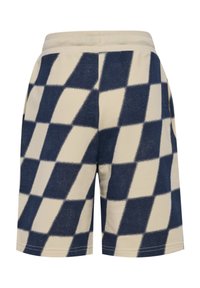 Blå och krämfärgade rutiga shorts gjorda av mjukt tyg, med elastisk midja och sidofickor. Maskintvättbara, avslappnad design.