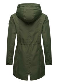 Groene parka met een capuchon, getailleerde taille, lange mouwen en drukknopen bij de manchetten. Glad, waterafstotend materiaal met een rechte snit en achterventilatie.