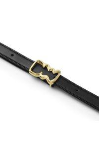 Sort læderbælte med en mønstret guld metalspænde. Spændet har et karakteristisk, abstrakt design. Syninger langs bæltet.