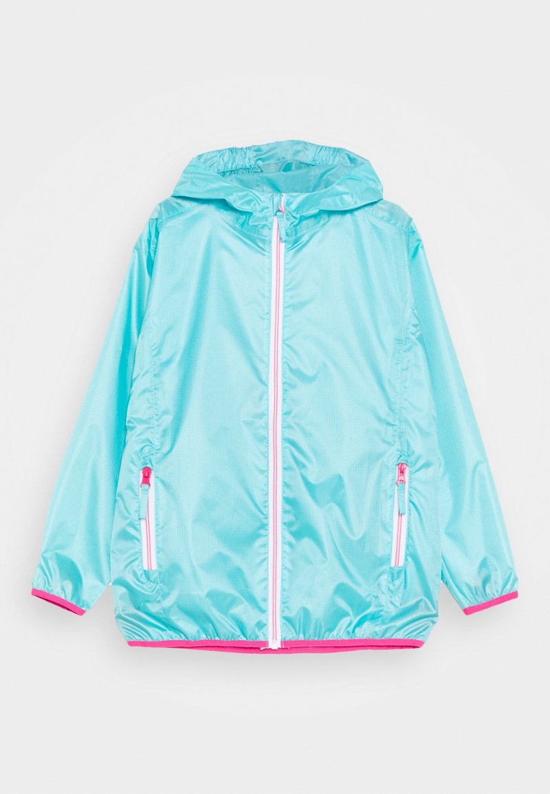 Veste légère turquoise en tissu brillant. Dotée d'une capuche, d'accents roses, d'une fermeture éclair à l'avant et de deux poches latérales avec fermetures éclair roses.