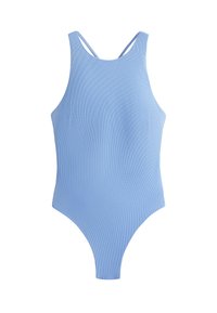Light blue ribbed one-piece swimsuit with a high neckline, thin crossback straps, and a sleek, form-fitting silhouette.
