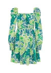 Abito floreale con scollo quadrato, maniche a sbuffo e vita elastica. I colori includono blu e verde su uno sfondo chiaro.