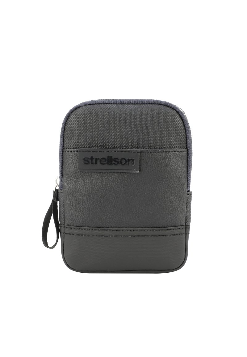 Borsa Strellson nera realizzata in pelle strutturata e materiale liscio, con chiusura a zip, manico laterale e logo sul davanti.