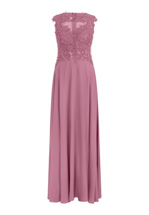 Mouwloze stofroze jurk met een vloerlange rok, een lijfje van bloemenkant en een V-hals met kapmouwtjes.