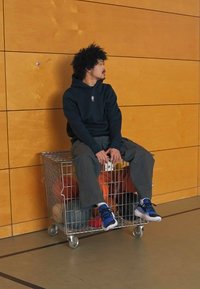 Trådkjøpekurv med fargerike sportsballer inni, en person iført hettegenser og grå bukser sitter på toppen, mot en tremur.