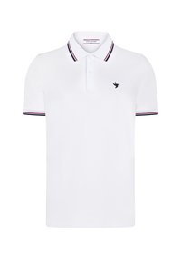 Polo blanca hecha de algodón, con una tapeta de dos botones, detalles de rayas en azul marino y rojo en los puños, y un pequeño logo negro en el pecho.