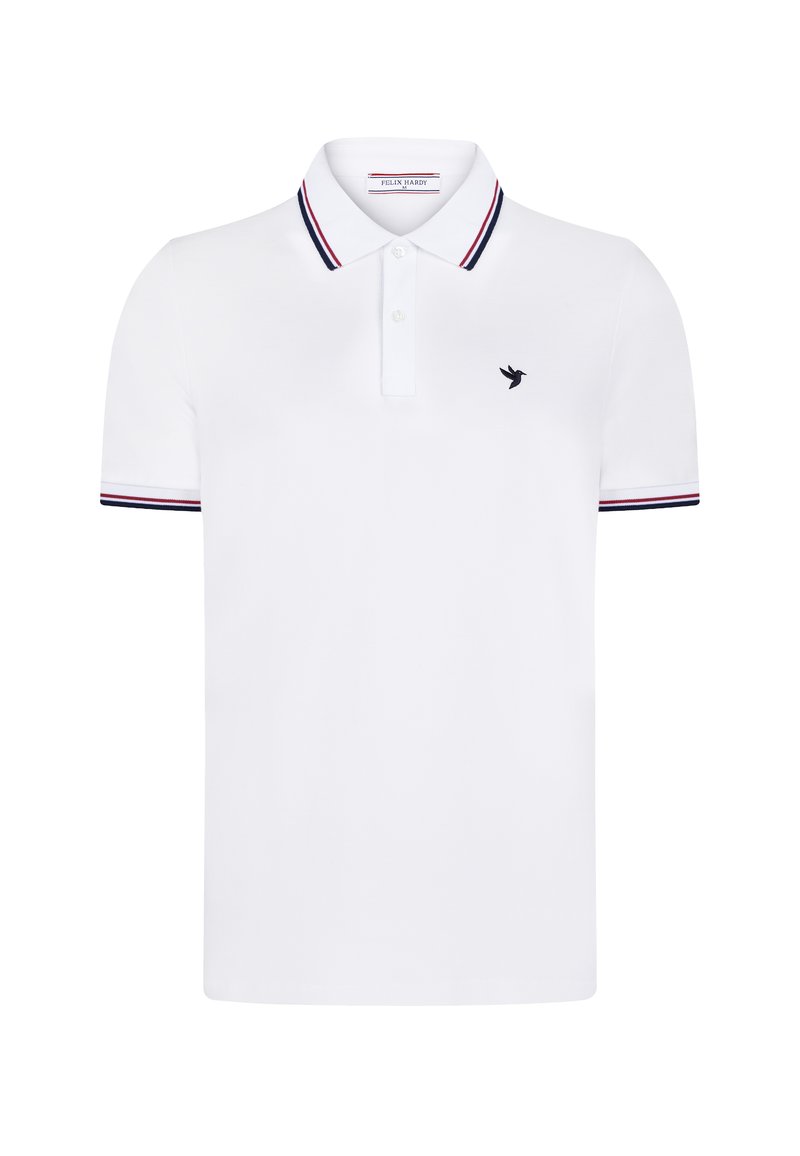 Polo blanca hecha de algodón, con una tapeta de dos botones, detalles de rayas en azul marino y rojo en los puños, y un pequeño logo negro en el pecho.