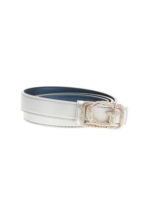Ceinture en cuir blanc avec boucle dorée incrustée de petits cristaux, présentant un grand motif lettre G.