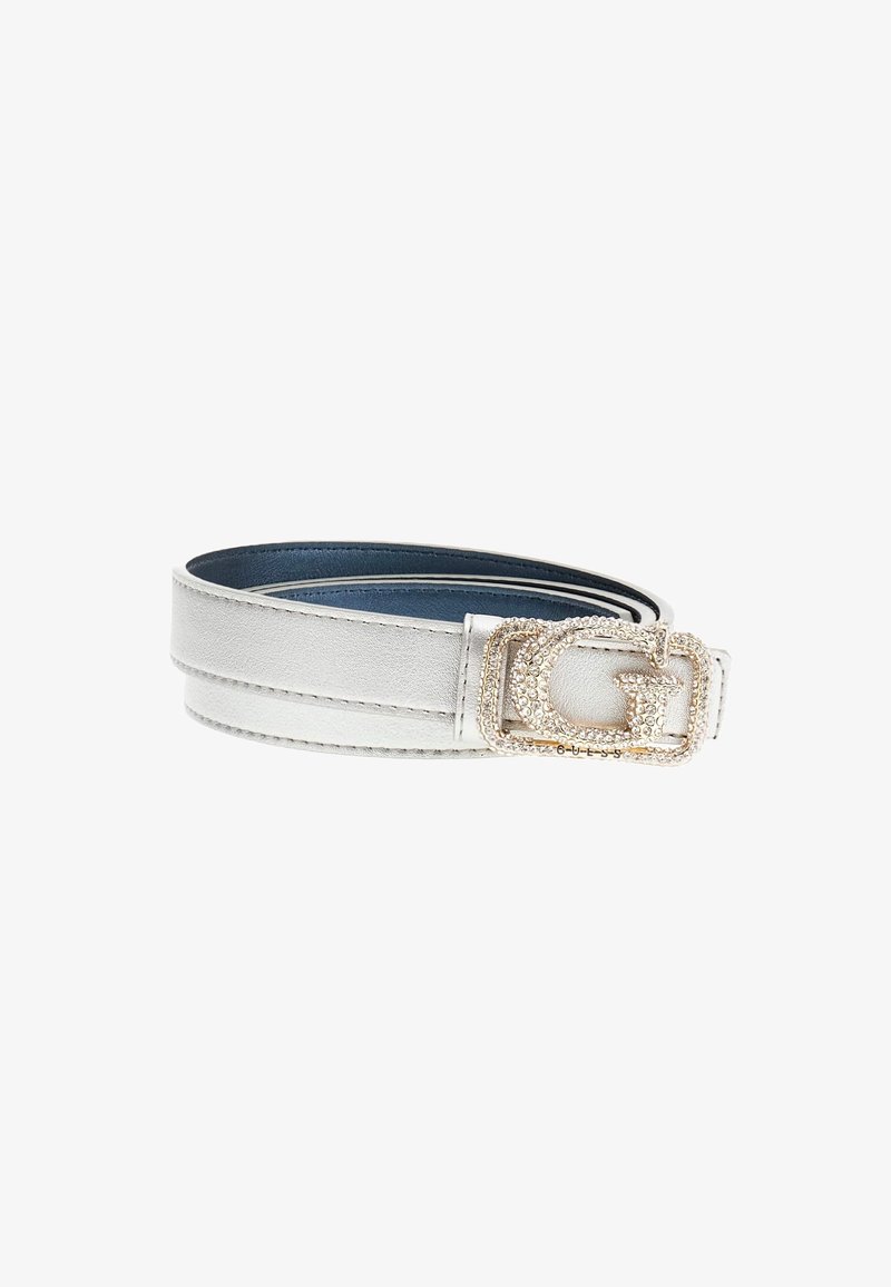 Ceinture en cuir blanc avec boucle dorée incrustée de petits cristaux, présentant un grand motif lettre G.