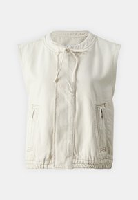 Béžová vesta bez rukávů vyrobená z bavlny s uzávěrem na stahovací šňůrku, dvěma bočními kapsami na zip a mírně texturovaným povrchem.