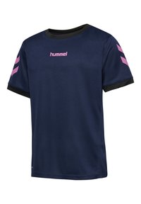 Navy blue short-sleeve sports t-shirt with pink hummel logo on chest and pink chevron stripes on sleeves with black collar and cuffs.