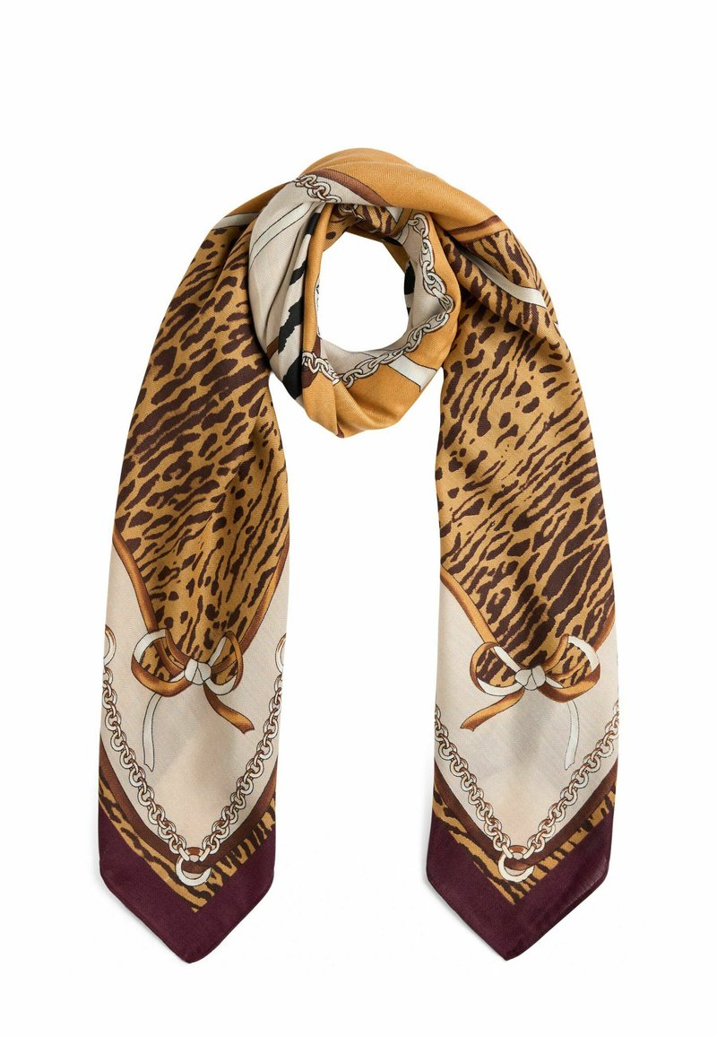Foulard en soie avec un imprimé léopard dans des tons dorés et marron, bordé d'un motif de chaînes et de bords bordeaux profonds. Texture lisse.