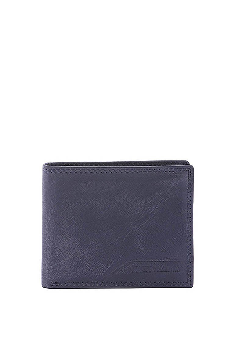 Portafoglio pieghevole in pelle blu scuro, con una texture liscia, linee pulite e cuciture minime. Design compatto senza chiusure visibili.