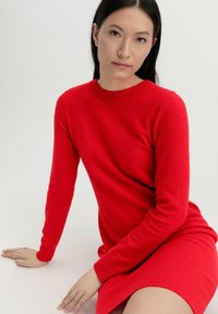 Abito rosso a maglia con maniche lunghe e scollatura rotonda. La vestibilità è aderente, con una texture liscia e un orlo leggermente svasato.