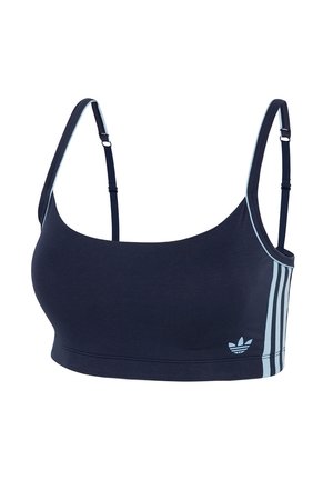 Navyblauwe sportbeha van zacht materiaal, met verstelbare bandjes en drie lichtblauwe strepen aan de zijkant met een logo-accent.