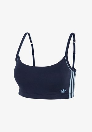 Navyblauer Sport-BH aus weichem Stoff, mit verstellbaren Trägern und drei hellblauen Streifen an der Seite, die mit einem Logoakzent verziert sind.