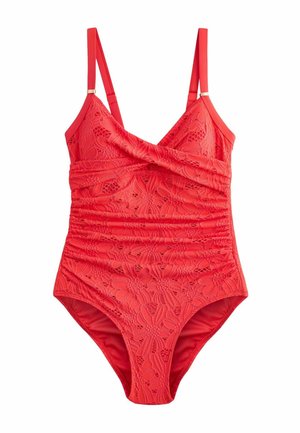 Maillot de bain rouge une pièce avec superposition en dentelle florale, col en V, devant froncé et bretelles réglables.